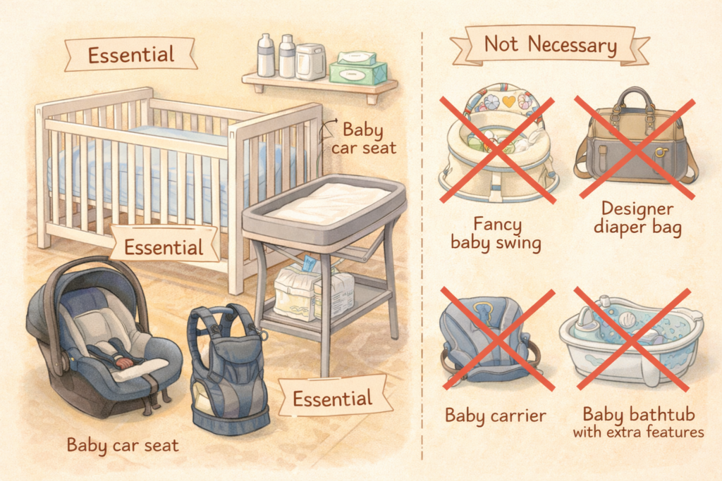 Illustration for Essential Baby Gear for New Parents: What You Really Need (and What You Don’t)